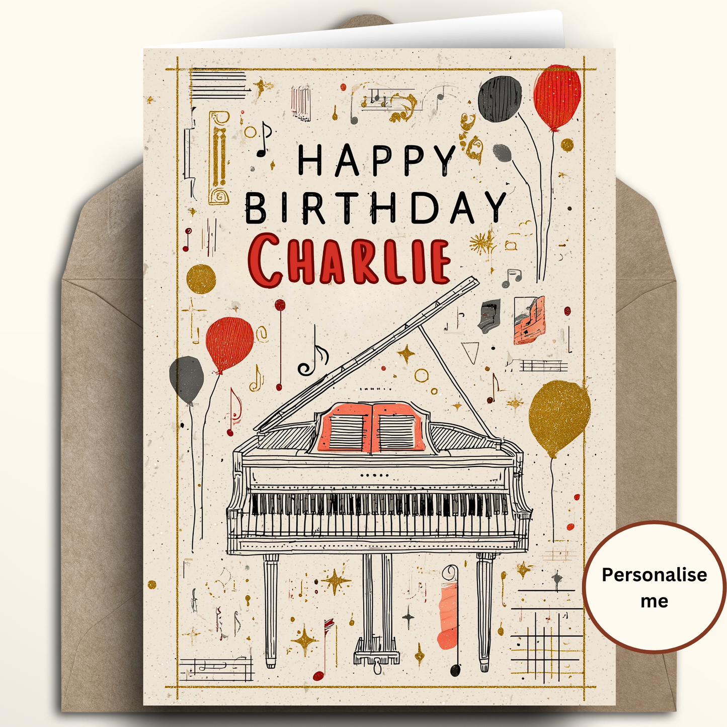 A personalized birthday card featuring a hand-drawn piano and balloons with the text 'HAPPY BIRTHDAY CHARLIE' in black and red, shown with a brown envelope on a light beige background. A circular badge on the bottom right says 'Personalise me'.