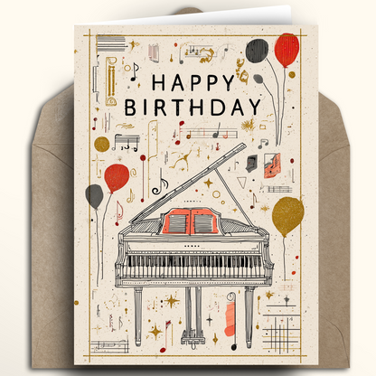 A square birthday card with a kraft envelope behind it, featuring an illustrated grand piano, balloons, musical notes, and the words “HAPPY BIRTHDAY” in black serif text on a warm cream background.