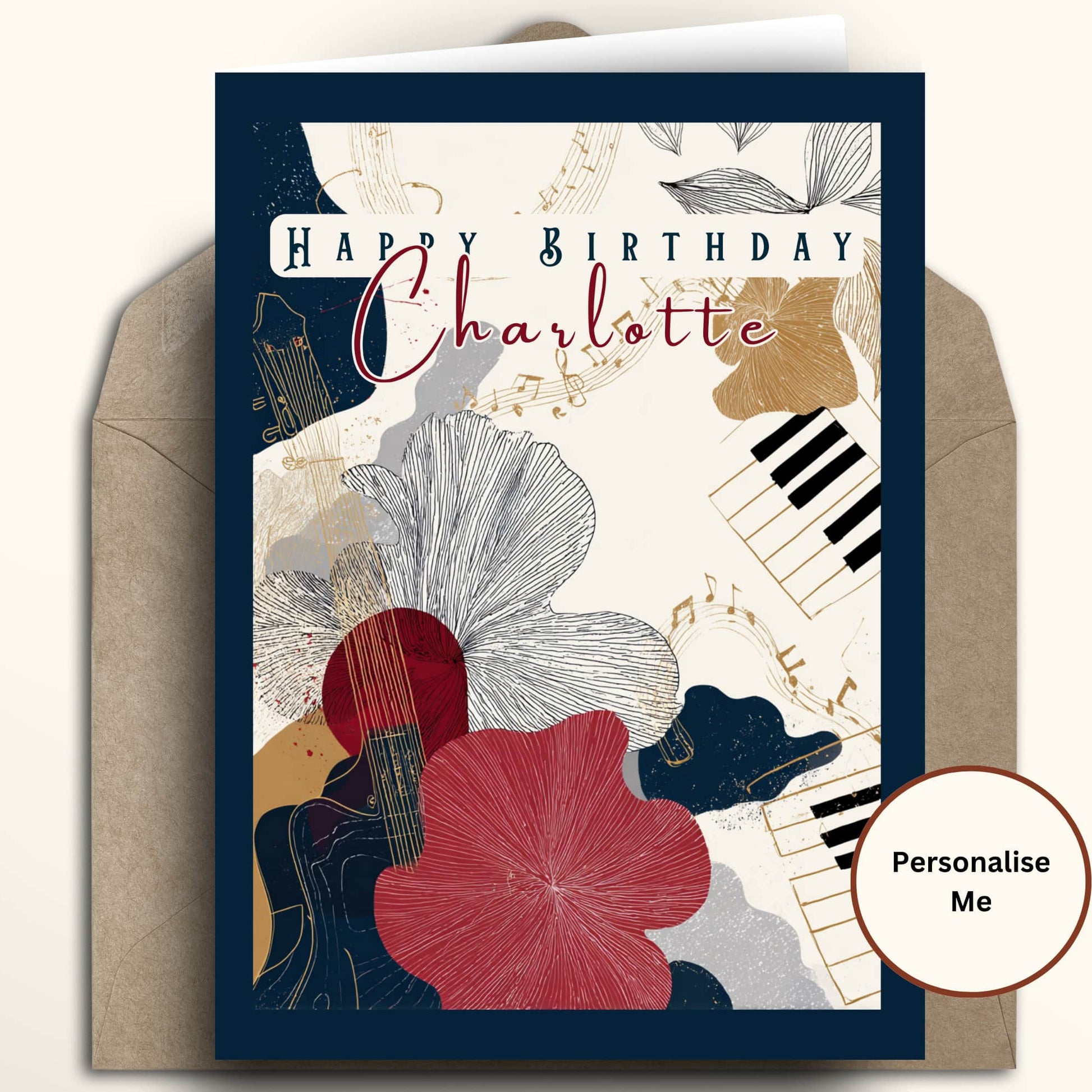 A personalized birthday card with a navy blue border and abstract floral, musical, and piano-key artwork, shown with a kraft envelope on a light beige background. A circular badge reads 'Personalise Me'.