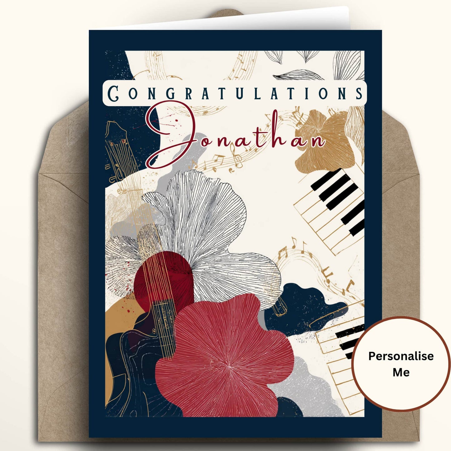 A personalized congratulations card for Jonathan, displayed with its kraft envelope on a light beige background. The card features a navy blue border and an abstract collage of musical instruments (guitar, piano keys), sheet music, and large red and gray flowers on a cream background.