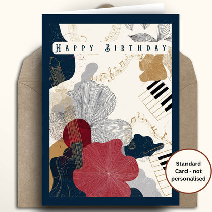 A square birthday card with an abstract floral and musical design, shown standing upright in front of a kraft envelope on a light beige background. The card reads 'Happy Birthday' and includes a circular note that says 'Standard Card - not personalised'.