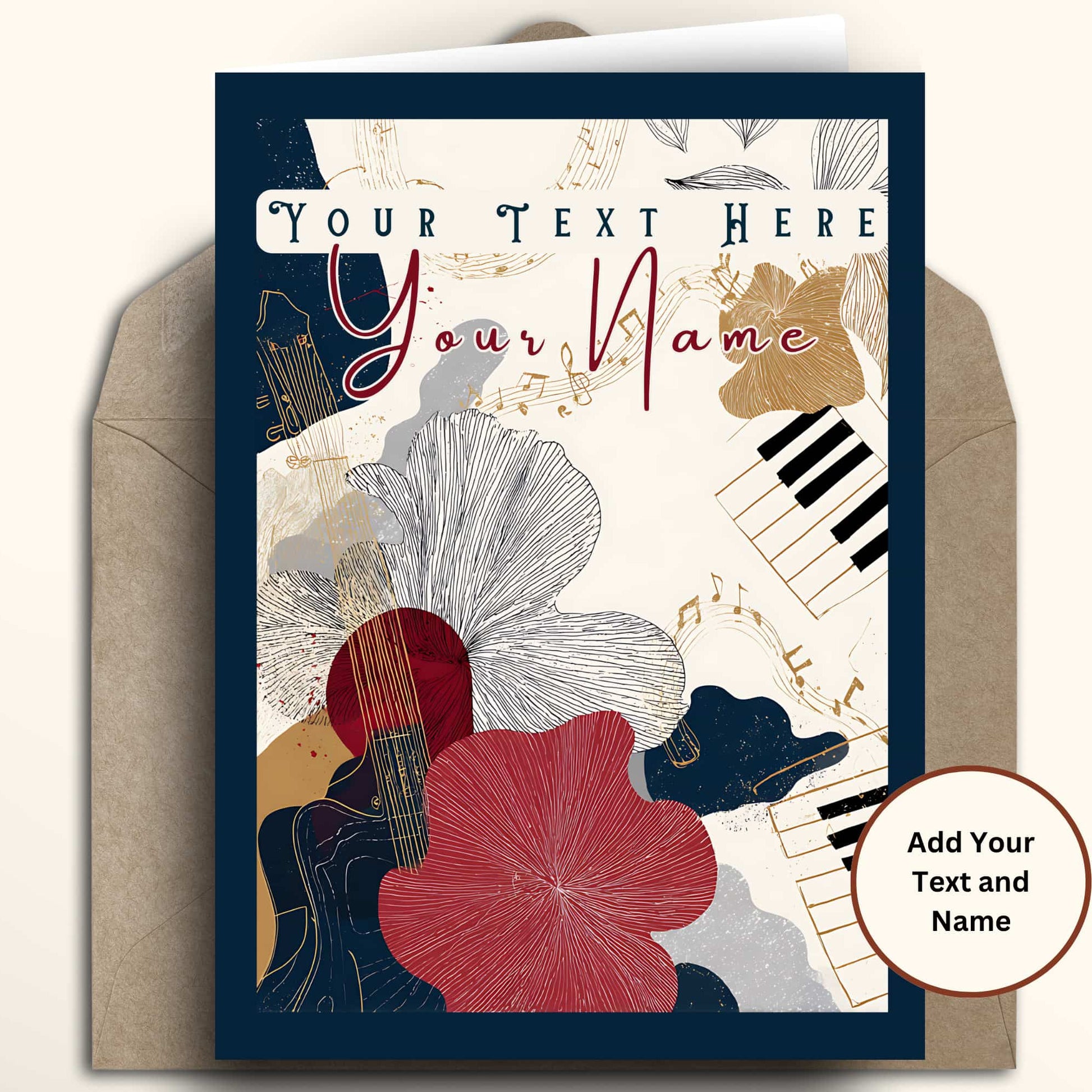 A customizable music-themed greeting card with an illustrated design featuring a violin, piano keys, musical notes, and large red and gray flowers, shown with a kraft envelope on a light beige background. Placeholder text reads 'Your Text Here' and 'Your Name'.