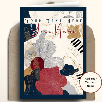 A customizable music-themed greeting card with an illustrated design featuring a violin, piano keys, musical notes, and large red and gray flowers, shown with a kraft envelope on a light beige background. Placeholder text reads 'Your Text Here' and 'Your Name'.