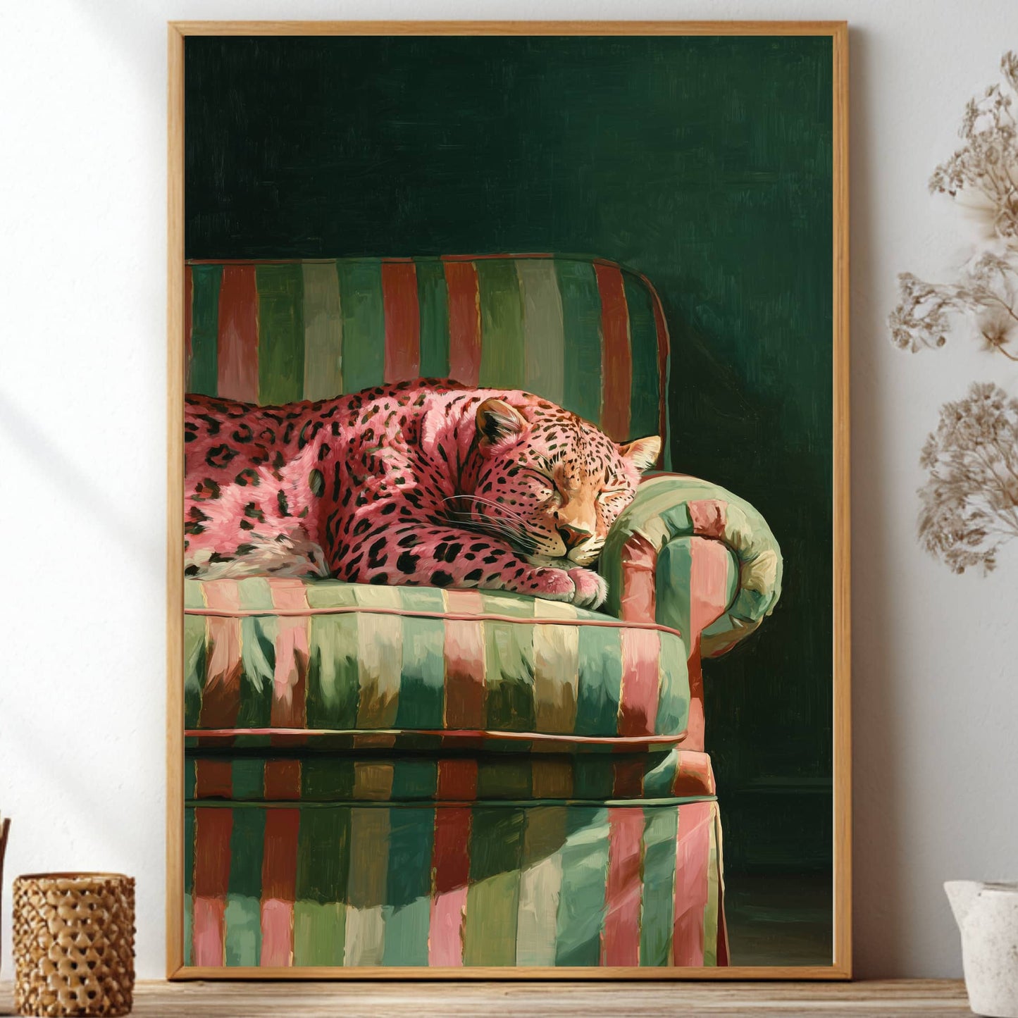 Sleepy pink leopard resting on a retro striped green chair dark green background maximalist decor wall art