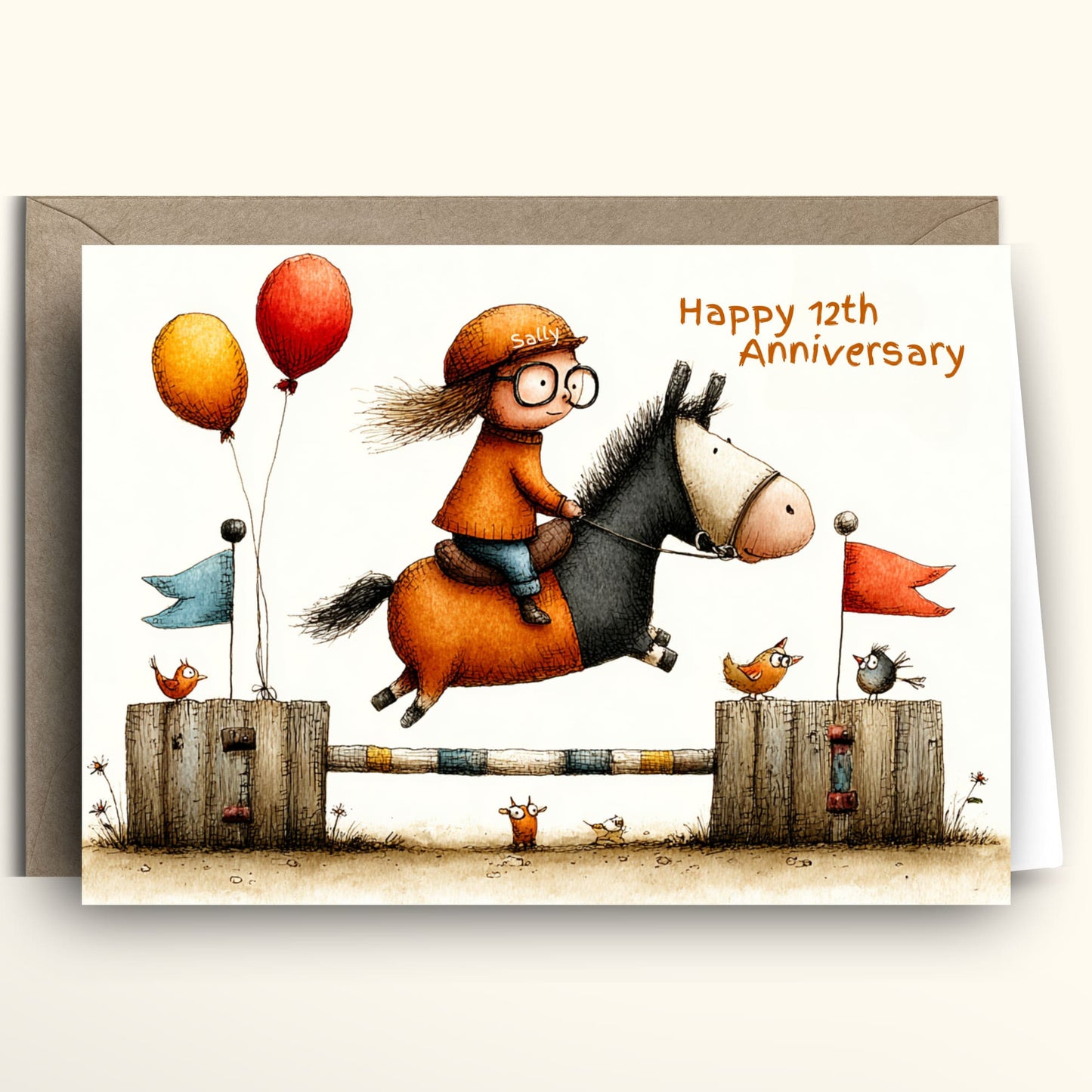 Equestrian horse jumping personalized card featuring cartoon girl rider with helmet and glasses jumping horse over gate with balloons and flags, shown with Happy Birthday and Happy 12th Anniversary versions, kraft envelope
