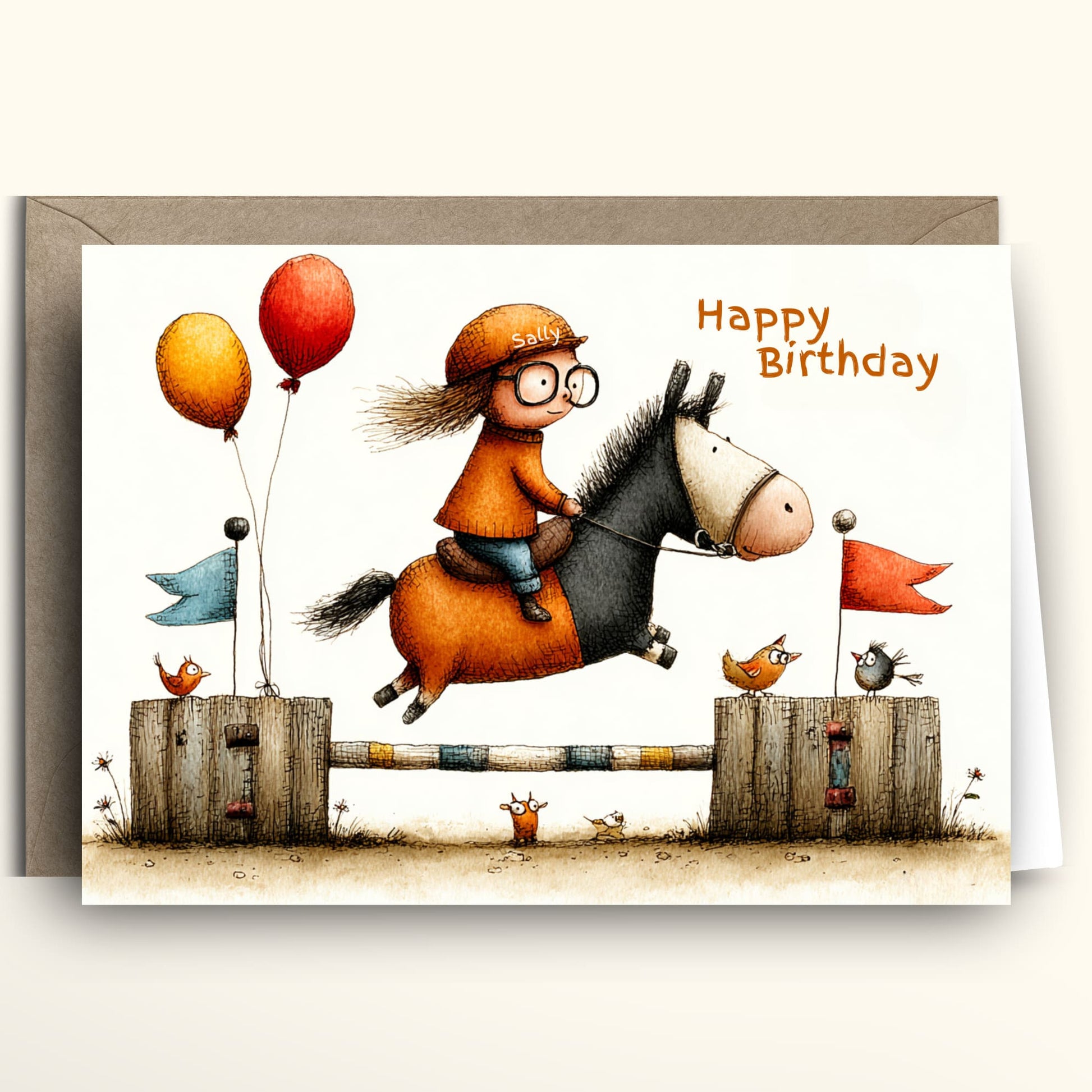Birthday card with a cartoon boy riding a horse, balloons, and a flag on a white background.