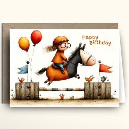 Birthday card with a cartoon boy riding a horse, balloons, and a flag on a white background.