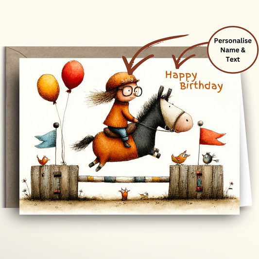 Equestrian horse jumping personalized card featuring cartoon girl rider with helmet and glasses jumping horse over gate with balloons and flags, shown with Happy Birthday and Happy 12th Anniversary versions, kraft envelope