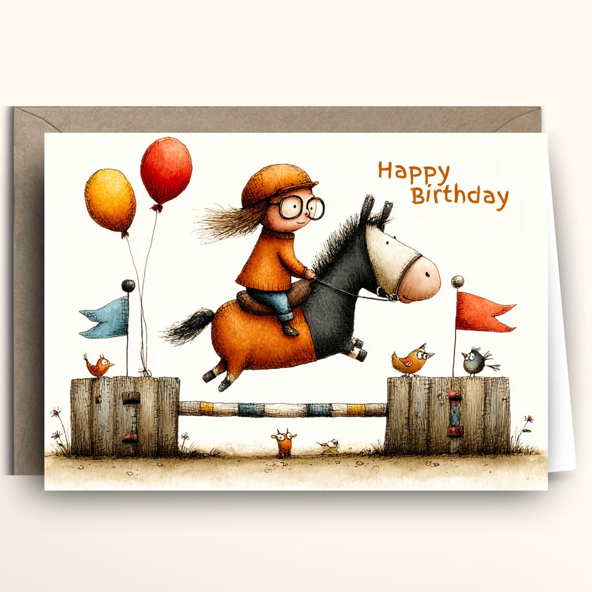 Birthday card with a cartoon boy riding a horse, balloons, and a flag.