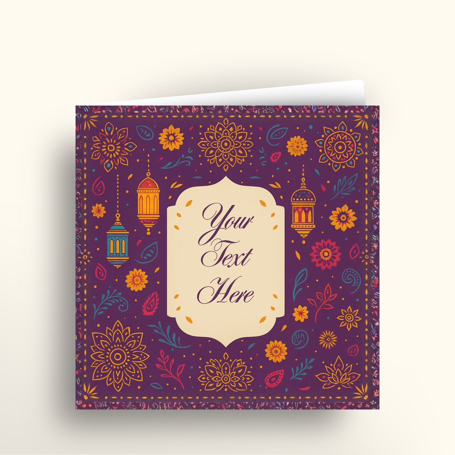 Decorative card with colorful floral and lantern design on a purple background