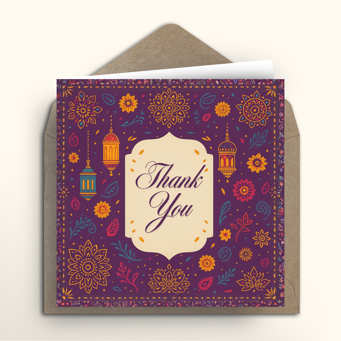 Decorative 'Thank You' card with floral patterns on a purple background