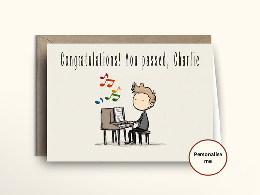Greeting card with a cartoon illustration of a person sitting at a piano, with text 'Congratulations! You passed, Charlie'.