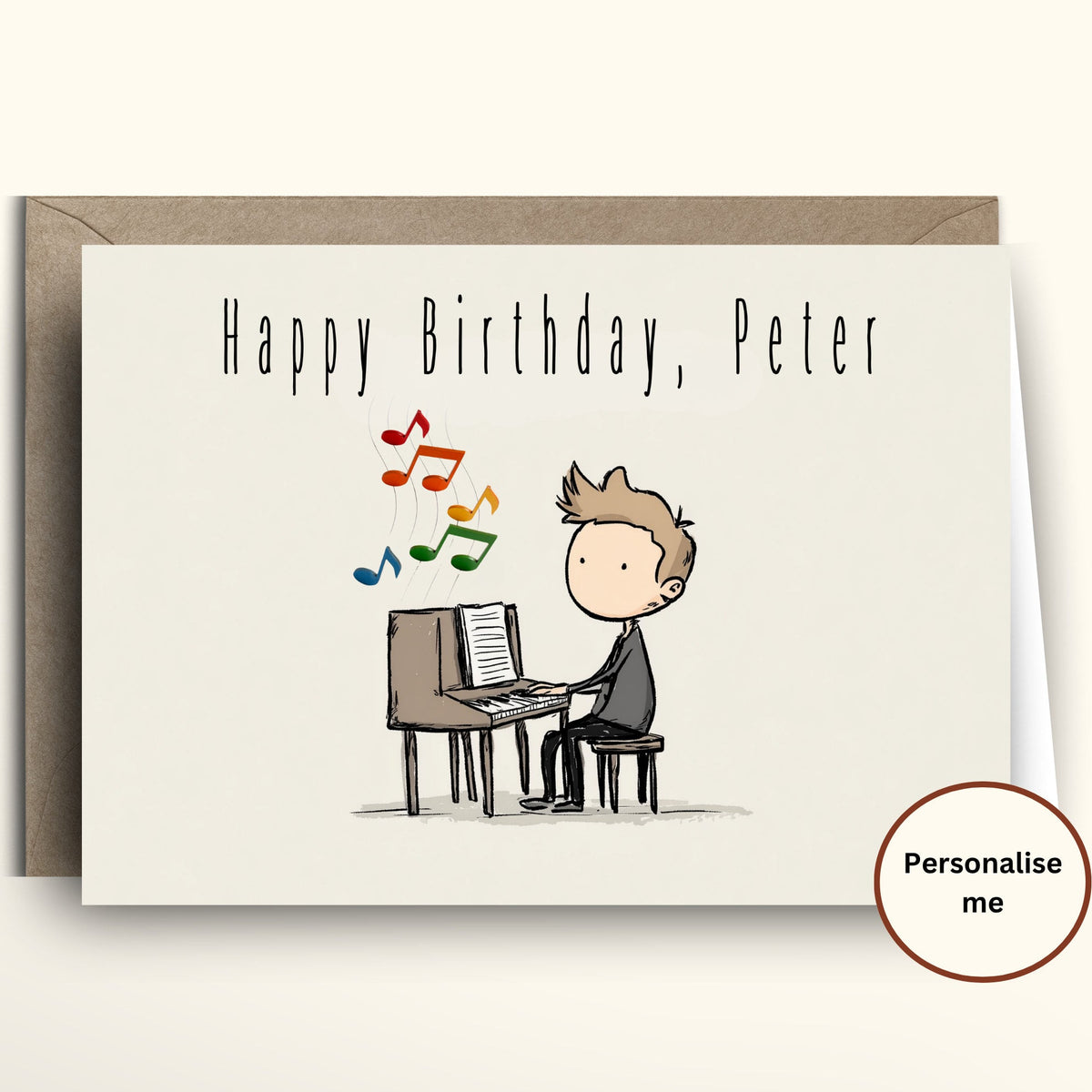 Birthday card with a cartoon illustration of a person playing piano and colorful music notes, with a brown envelope.