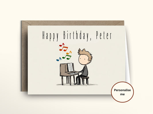 Birthday card with a cartoon illustration of a person playing piano and colorful music notes, with a brown envelope.