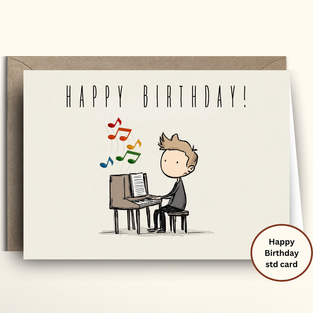 Birthday card with a cartoon illustration of a person playing piano and colorful music notes, with a brown envelope.