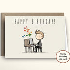 Birthday card with a cartoon illustration of a person playing piano and colorful music notes, with a brown envelope.