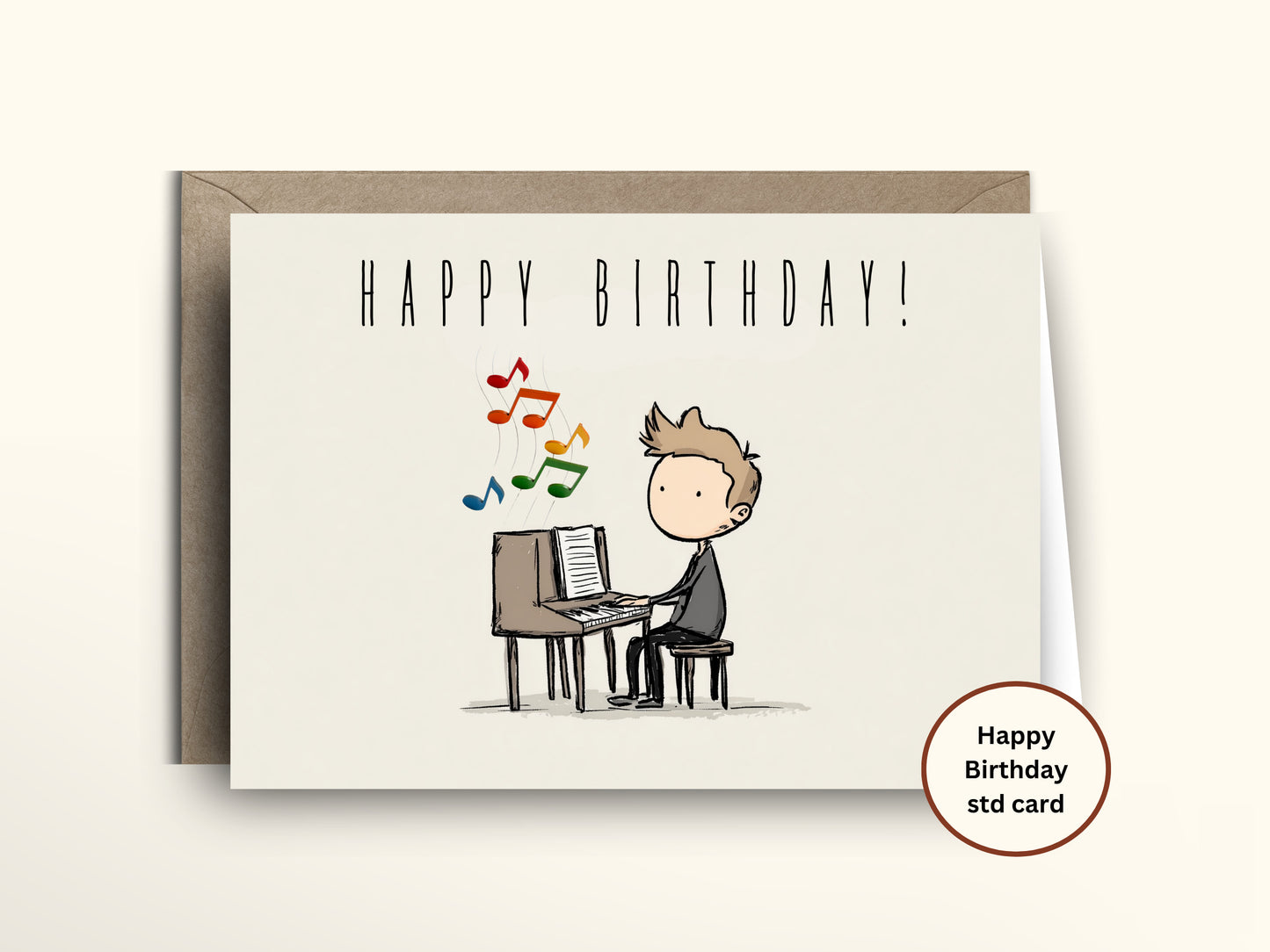 Birthday card with a cartoon illustration of a person playing piano and colorful music notes, with a brown envelope.