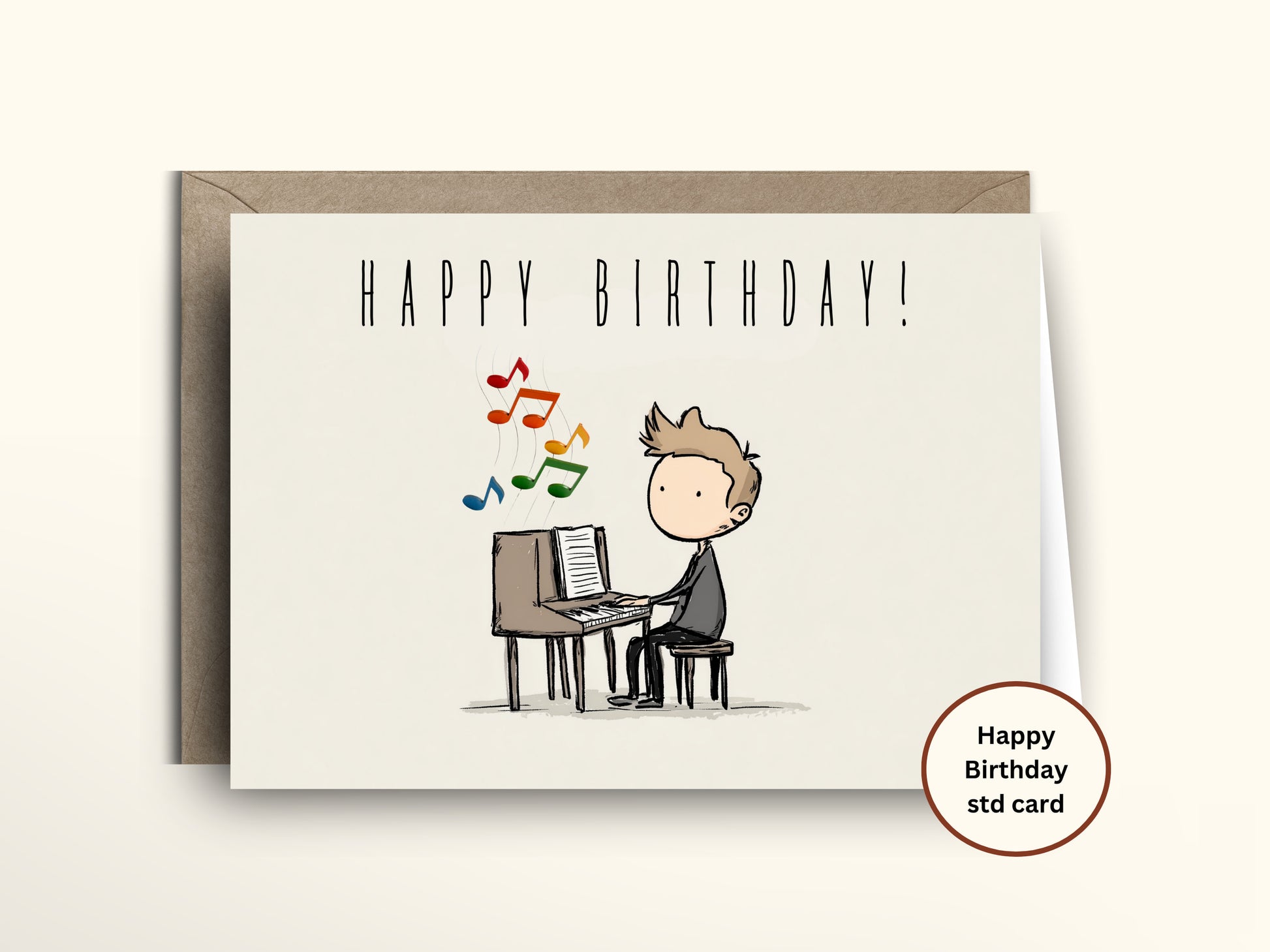 Birthday card with a cartoon illustration of a person playing piano and colorful music notes, with a brown envelope.