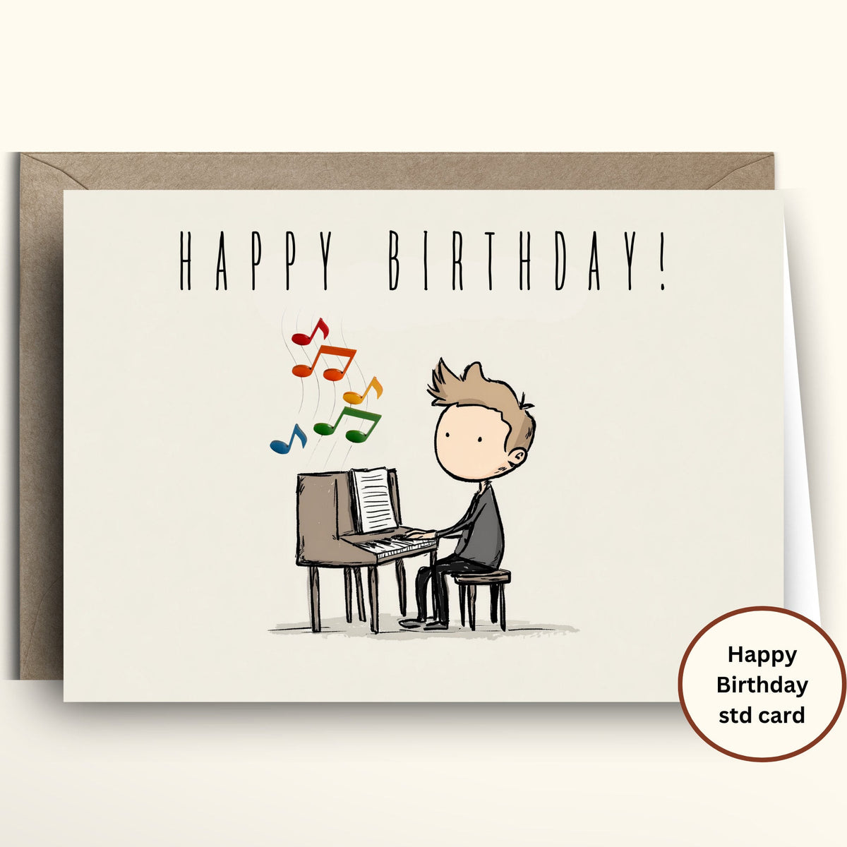 Birthday card with a cartoon illustration of a person playing piano and colorful music notes, with a brown envelope.