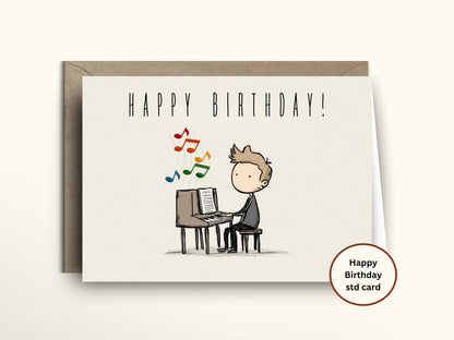 Birthday card with a cartoon illustration of a person playing piano and colorful music notes, with a brown envelope.