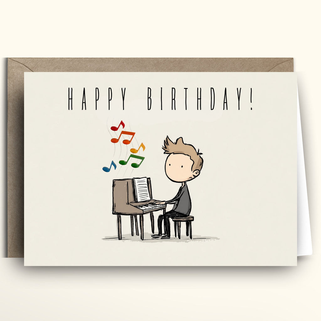 Birthday card with a cartoon illustration of a person playing music on a keyboard, with 'Happy Birthday!' text above.