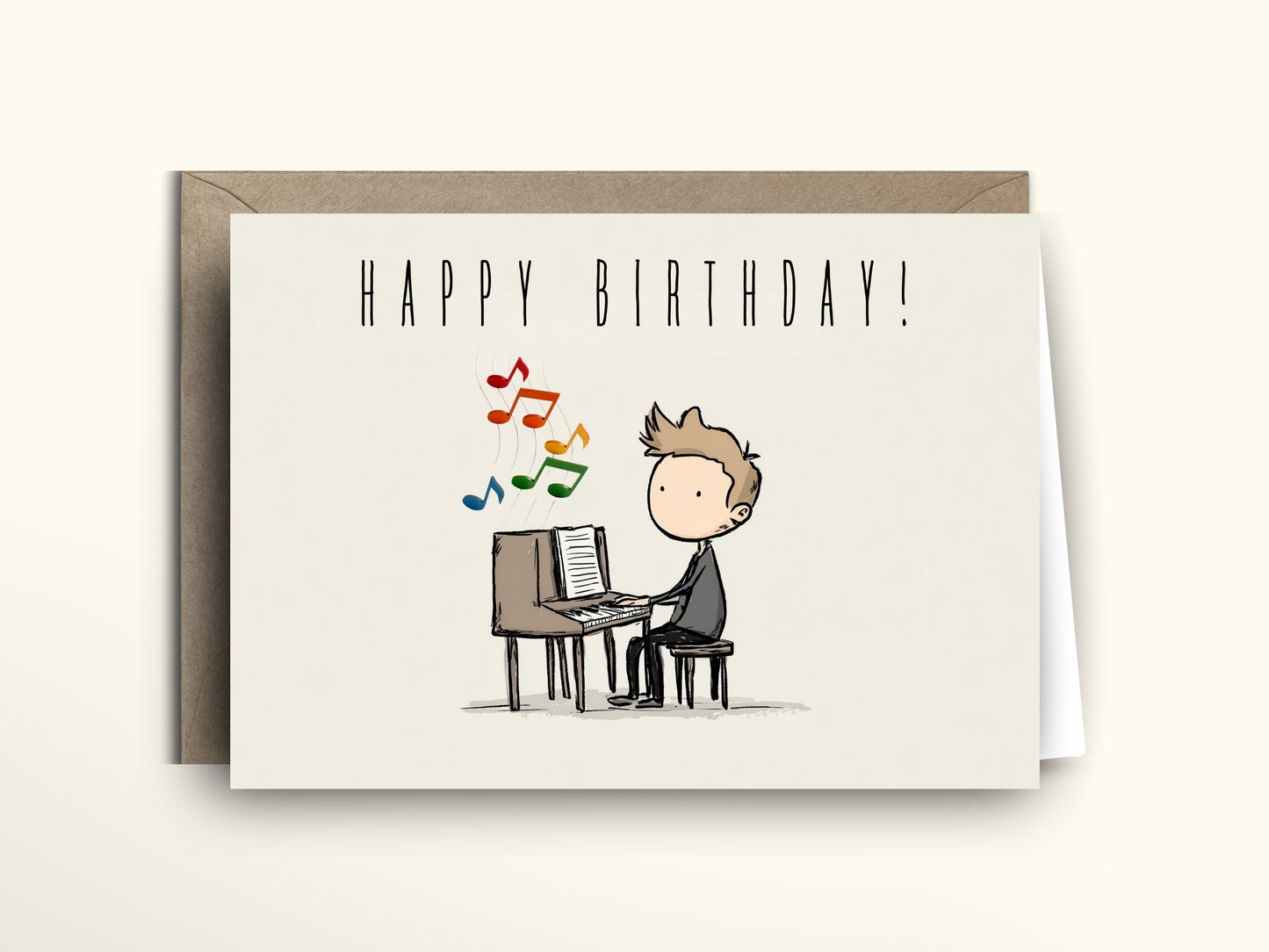 Birthday card with a cartoon illustration of a person playing music on a keyboard, with 'Happy Birthday!' text above.