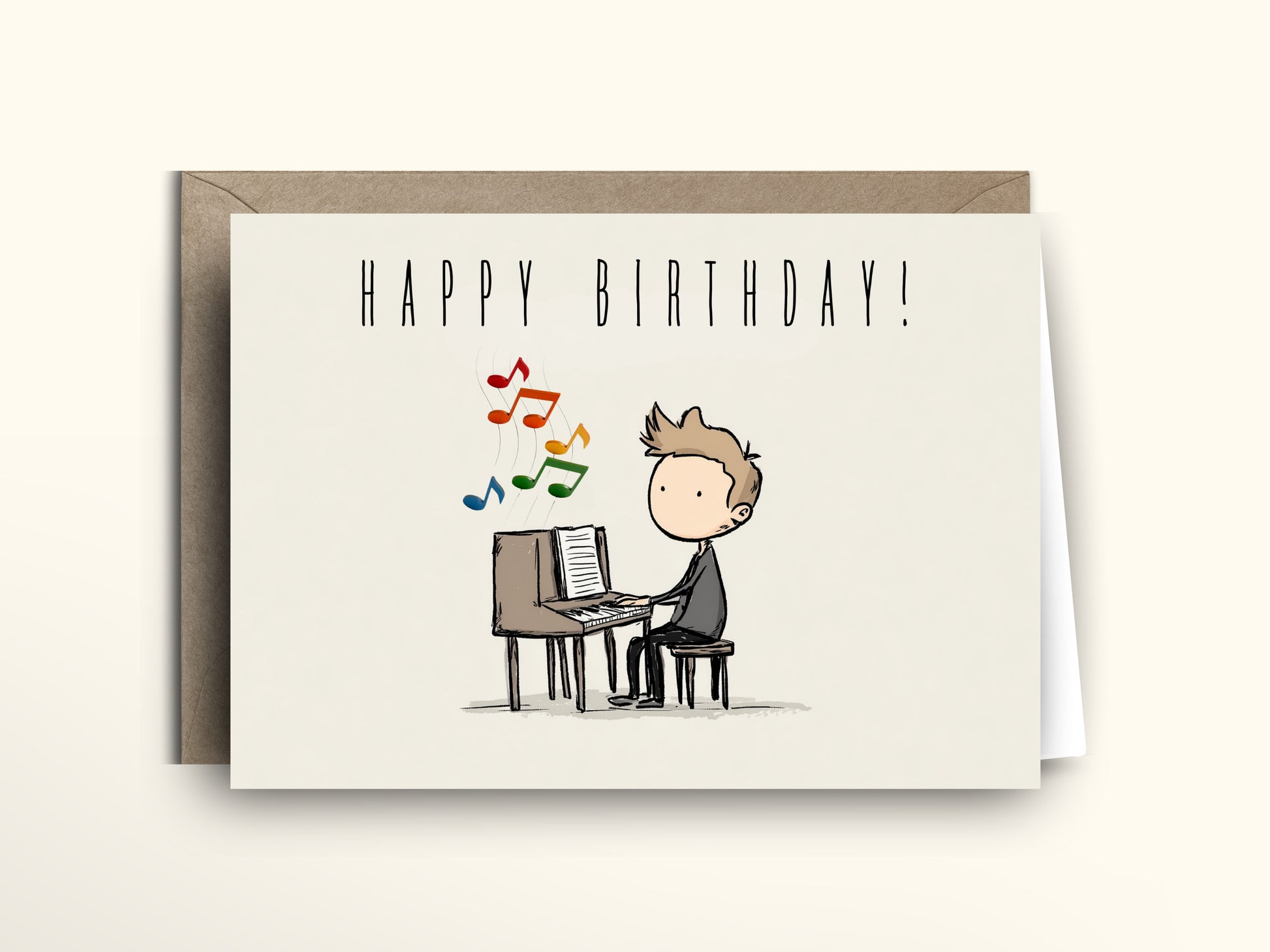 Birthday card with a cartoon illustration of a person playing music on a keyboard, with 'Happy Birthday!' text above.