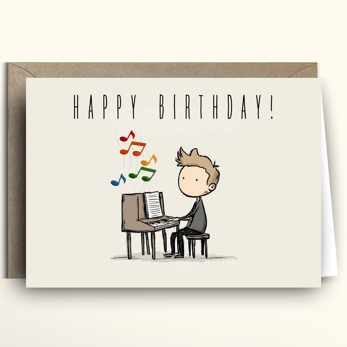 Birthday card with a cartoon illustration of a person playing music on a keyboard, with 'Happy Birthday!' text above.