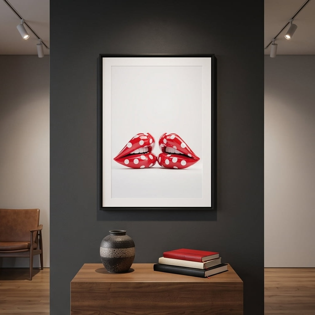 A framed art print featuring a pair of red lips with white polka dots, displayed on a dark gray wall above a wooden console table with books and a vase.