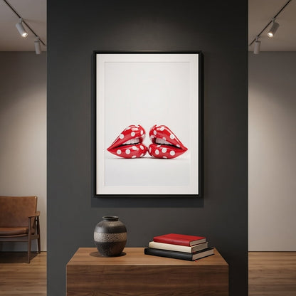 A framed art print featuring a pair of red lips with white polka dots, displayed on a dark gray wall above a wooden console table with books and a vase.