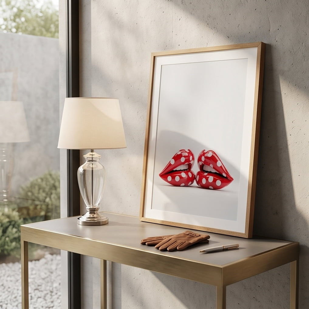 A framed art print featuring a pair of red lips with white polka dots, styled on a gold console table next to a table lamp in a modern interior setting.