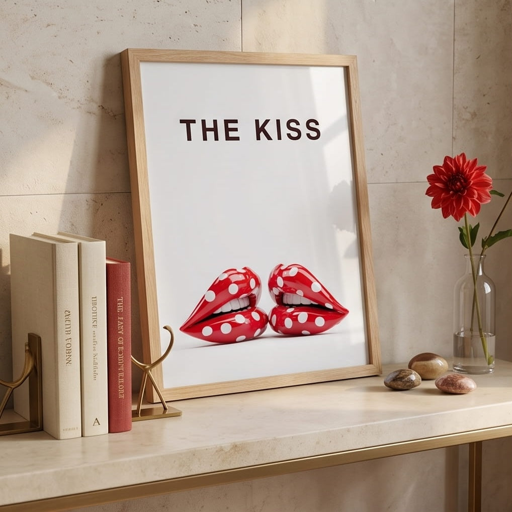 A framed art print leaning on a marble shelf against a beige tiled wall. The print features the text 'THE KISS' above a pair of red lips with white polka dots.