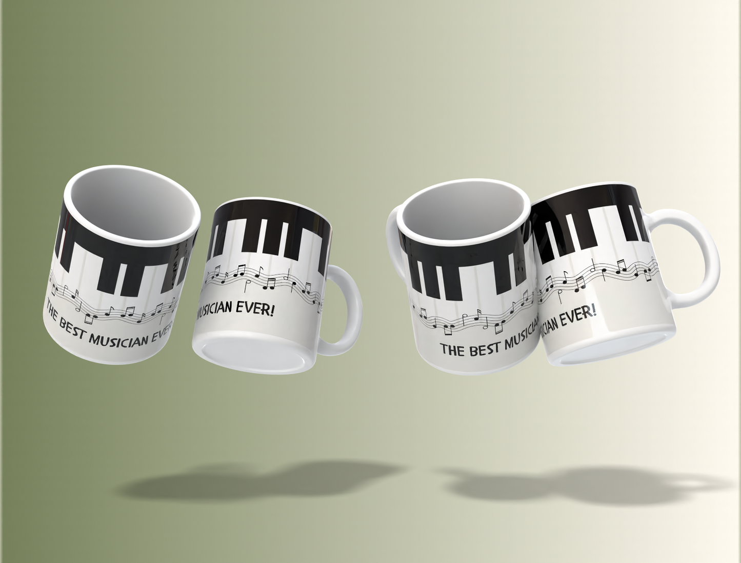 Four white mugs with black piano key and music note designs on a light green background