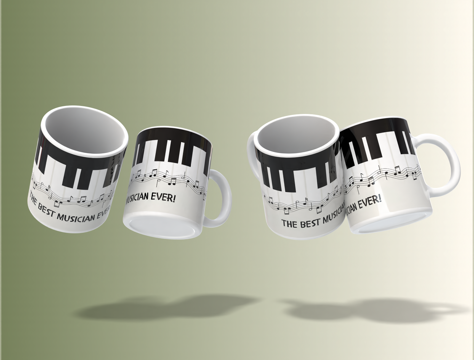 Four white mugs with black piano key and music note designs on a light green background