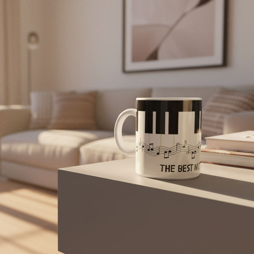 Mug with piano keyboard and music notes design on a white background