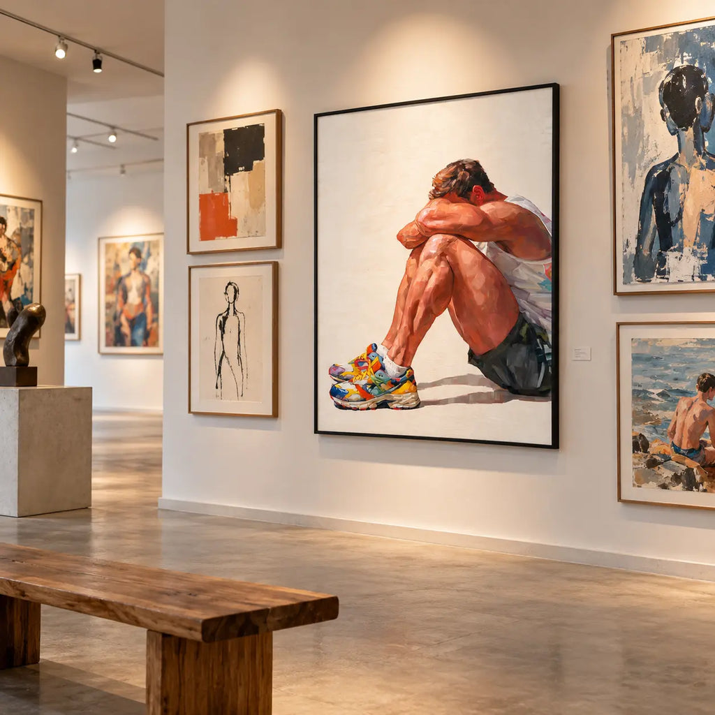 Rest gay art print hanging in a contemporary art gallery among figurative works, a seated man resting his head on folded arms, wooden bench in front