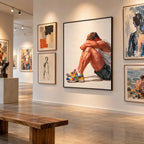 Rest gay art print hanging in a contemporary art gallery among figurative works, a seated man resting his head on folded arms, wooden bench in front
