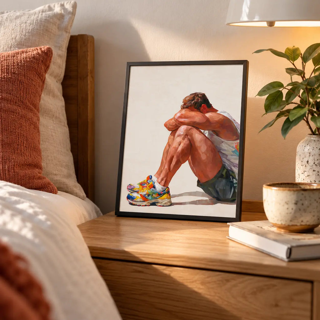Small Rest gay art print in a black frame on a wooden bedside table under a warm lamp beside a plant and mug, a seated man resting in colourful trainers