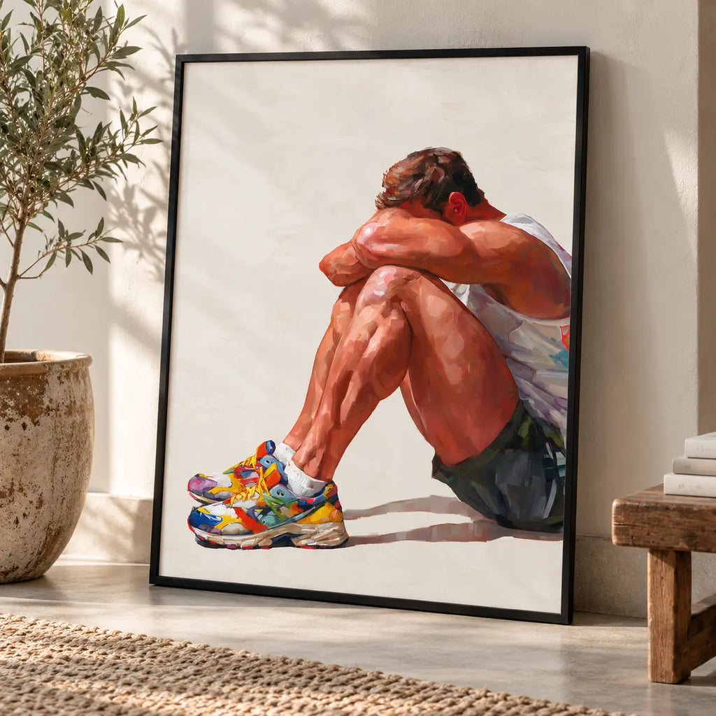 Rest gay art print in a black frame leaning against a sunlit wall beside an olive tree in a stone pot and a wooden bench, a seated man in colourful trainers