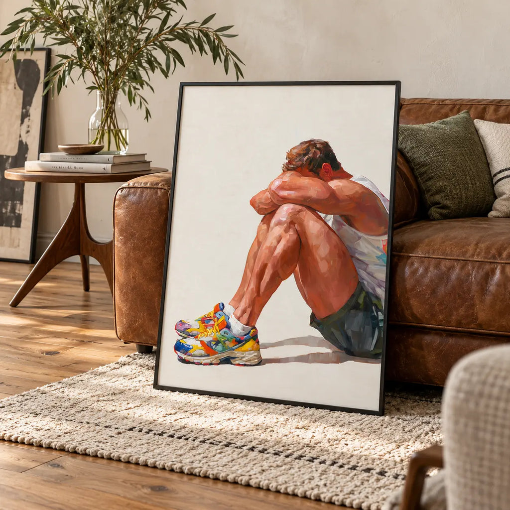 Rest gay art print in a black frame leaning against a vintage brown leather sofa in a warm living room, a seated man resting his head on his knees