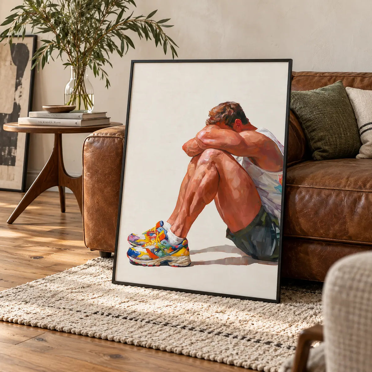 Rest gay art print in a black frame leaning against a vintage brown leather sofa in a warm living room, a seated man resting his head on his knees