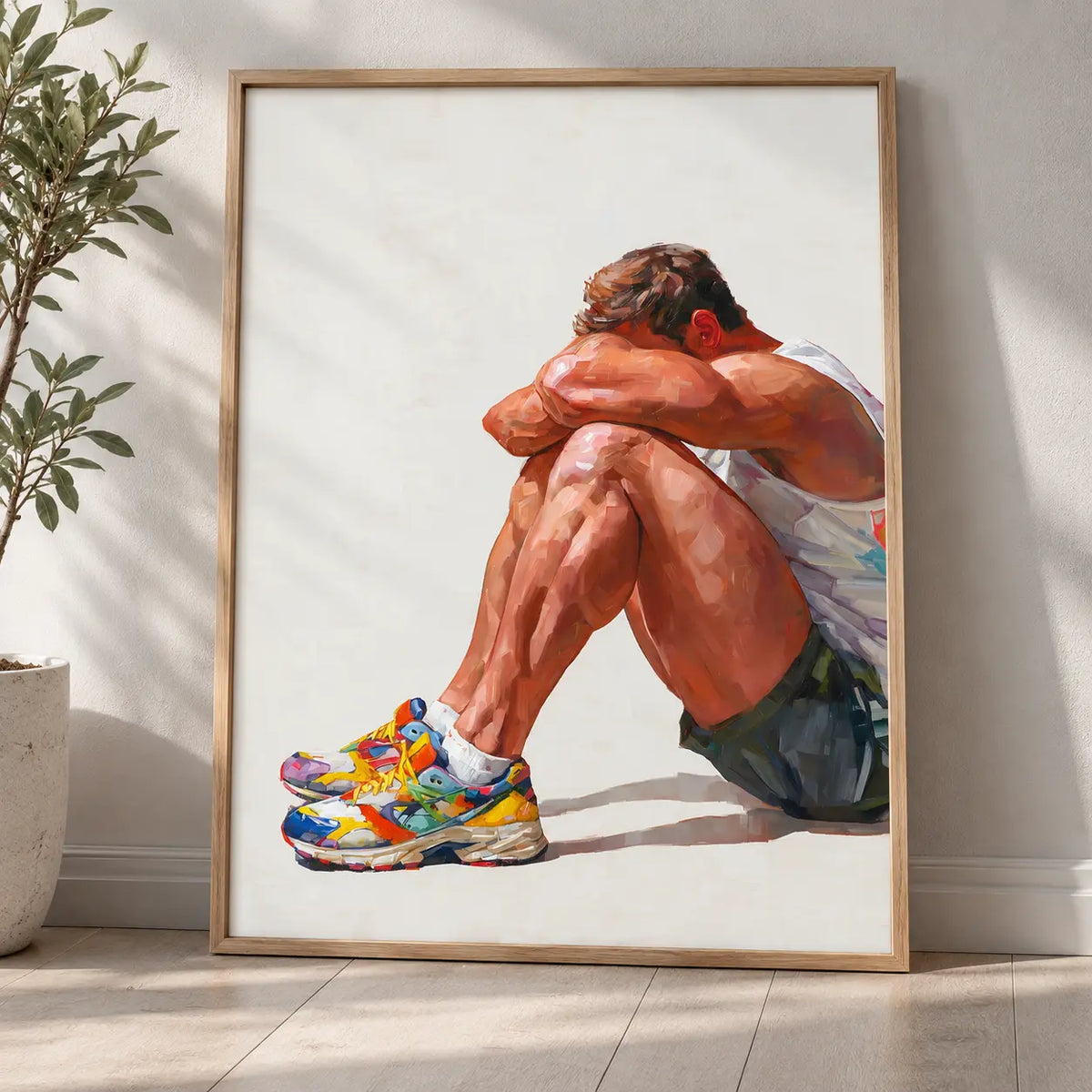 Rest gay art print in a light oak frame leaning against a white wall beside an olive tree, a seated man resting his head on his knees in colourful trainers