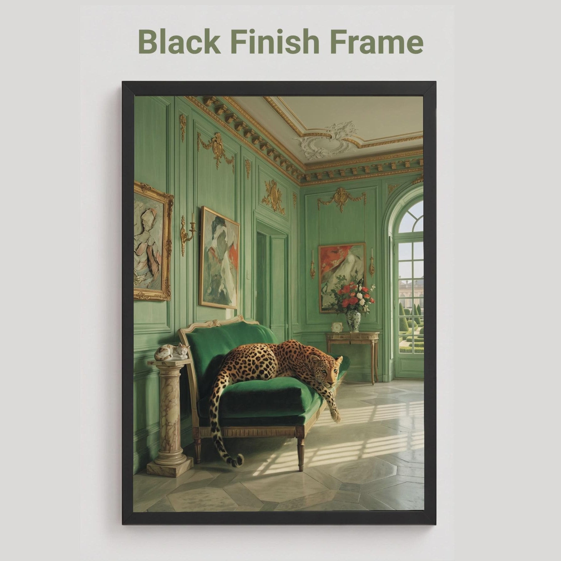 black framed poster of a leopard as it rests draped across a green velvet chaise longe in a sun-drenched French palatial interior with sage green panelled walls, gilded gold mouldings, marble floors, and classical paintings — vintage animal art print.