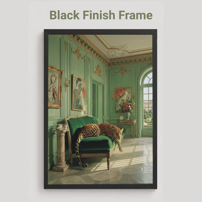 black framed poster of a leopard as it rests draped across a green velvet chaise longe in a sun-drenched French palatial interior with sage green panelled walls, gilded gold mouldings, marble floors, and classical paintings — vintage animal art print.