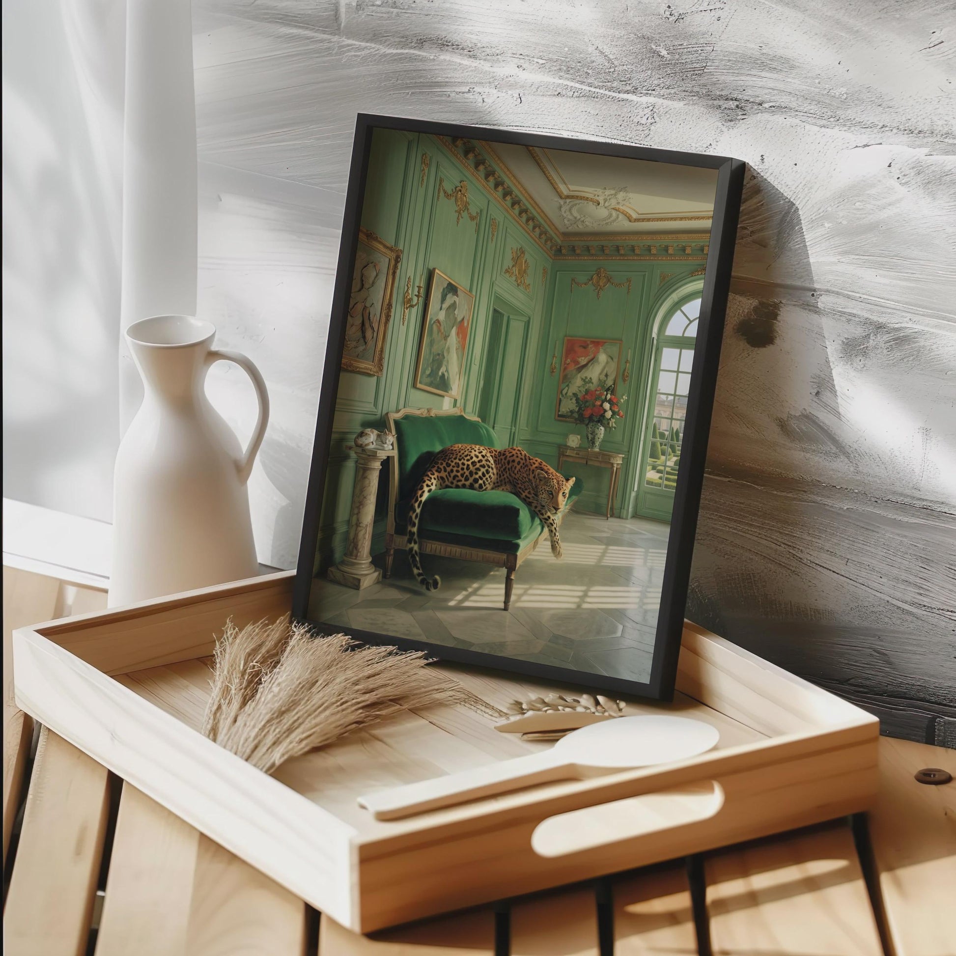 A leopard rests draped across a green velvet chaise longe in a sun-drenched French palatial interior with sage green panelled walls, gilded gold mouldings, marble floors, and classical paintings — vintage animal art print.