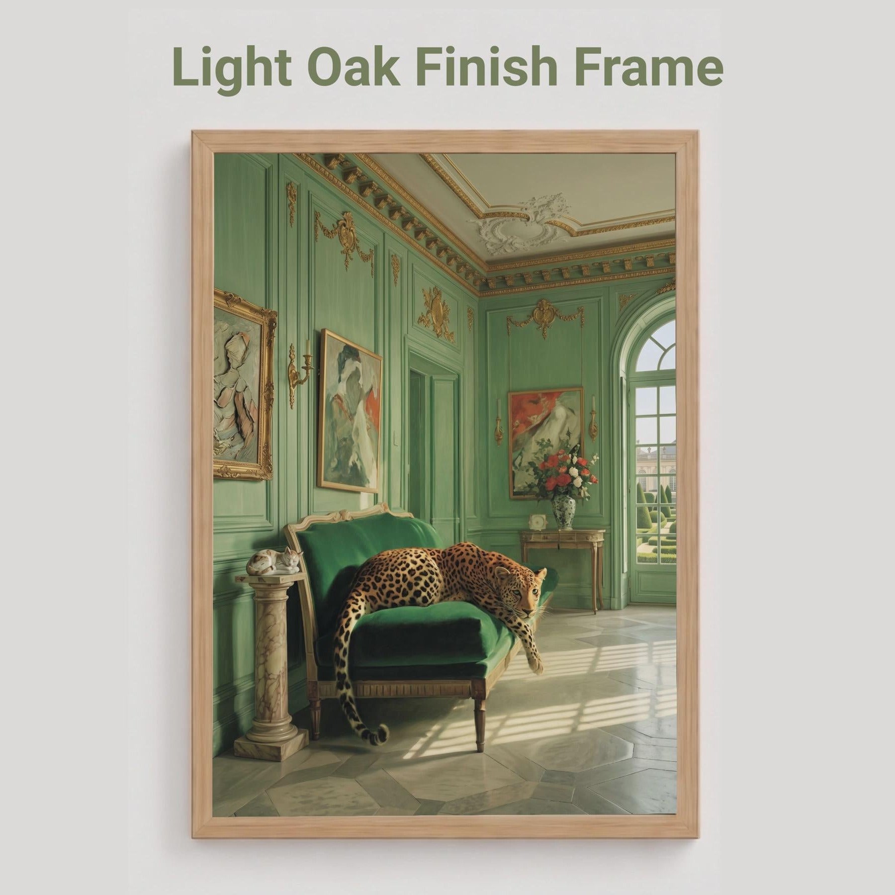 oak framed poster of a leopard as it rests draped across a green velvet chaise longe in a sun-drenched French palatial interior with sage green panelled walls, gilded gold mouldings, marble floors, and classical paintings — vintage animal art print.