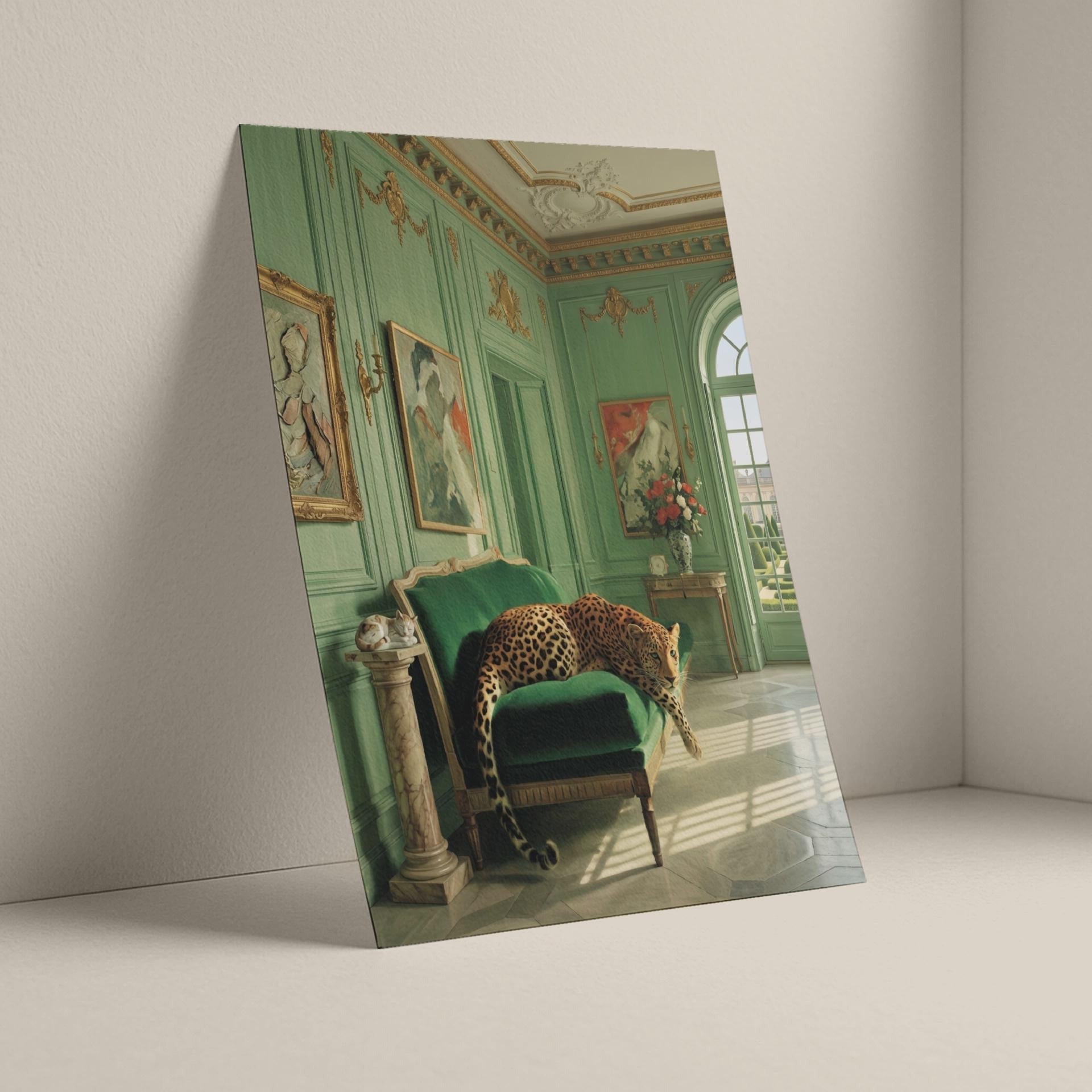 unframed print. A leopard rests draped across a green velvet chaise longe in a sun-drenched French palatial interior with sage green panelled walls, gilded gold mouldings, marble floors, and classical paintings — vintage animal art print.