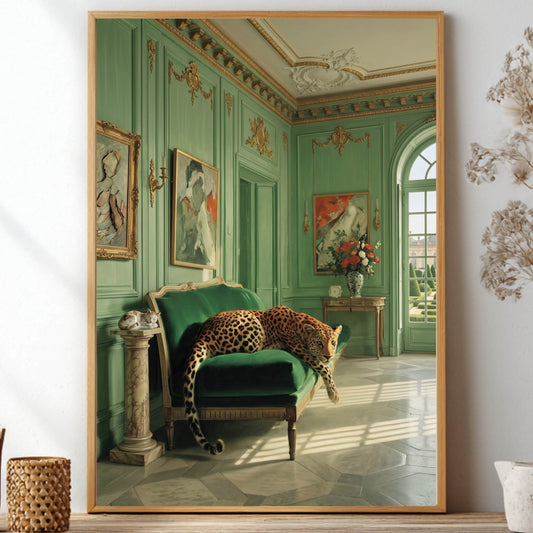 Framed artwork of a room with green walls and a leopard on a couch, displayed on a wall.