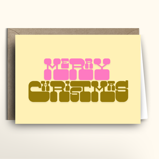 Retro Block Merry Christmas in Pink and Brown - Card