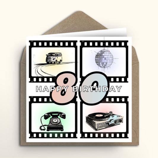 Birthday card with film strip design featuring a van, disco ball, phone, and record player, with 'Happy 80th Birthday' text.